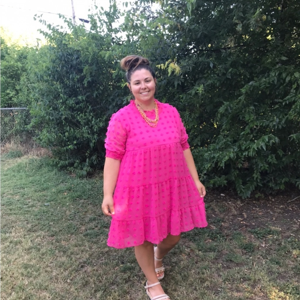 Tiered Babydoll  Swing Dress  Hot Pink Swiss Dot Womens